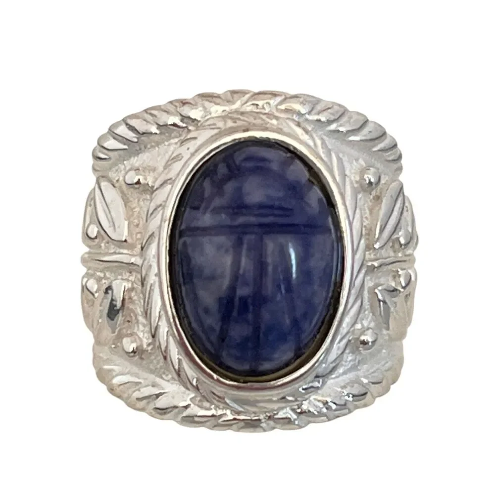Vintage 1970s Ring Size 6 Egyptian Revival Scarab Blue Stone Gold Plated - 14S